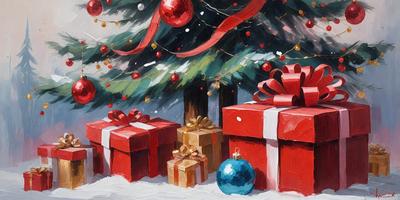 The primary subject of the image is a Christmas tree, which is adorned with ornaments and presents. The setting is a snowy environment, with a tree and a blue ornament as the main focus. The visual style is a painting, with a vibrant color palette and a festive atmosphere.